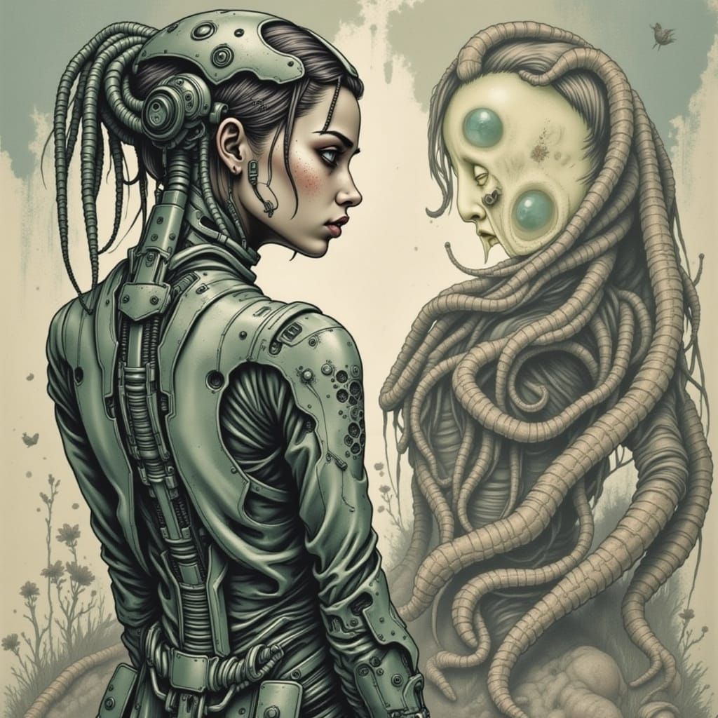 Cyborg Woman with Mosasaur Dress in Giger Style