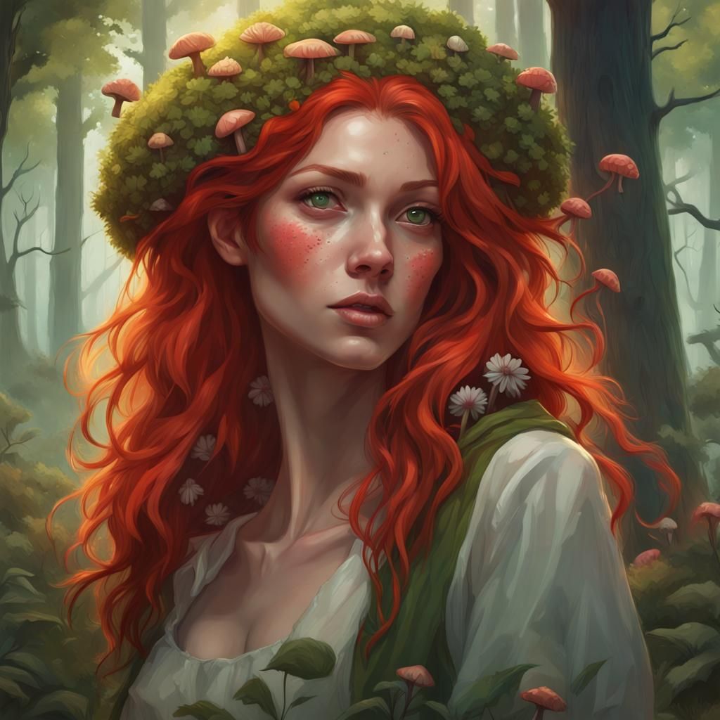 Girl Picking Mushrooms in Enchanted Forest