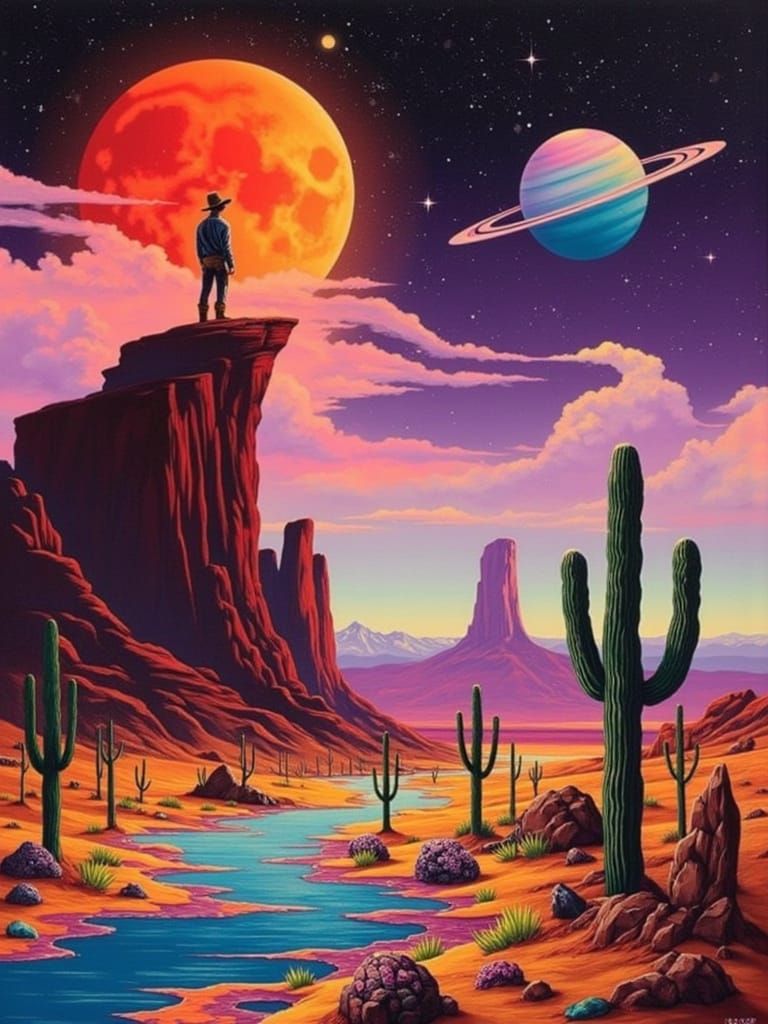 Surreal Cosmic Landscape with Blood-Red Moon and Cowboy Figu...