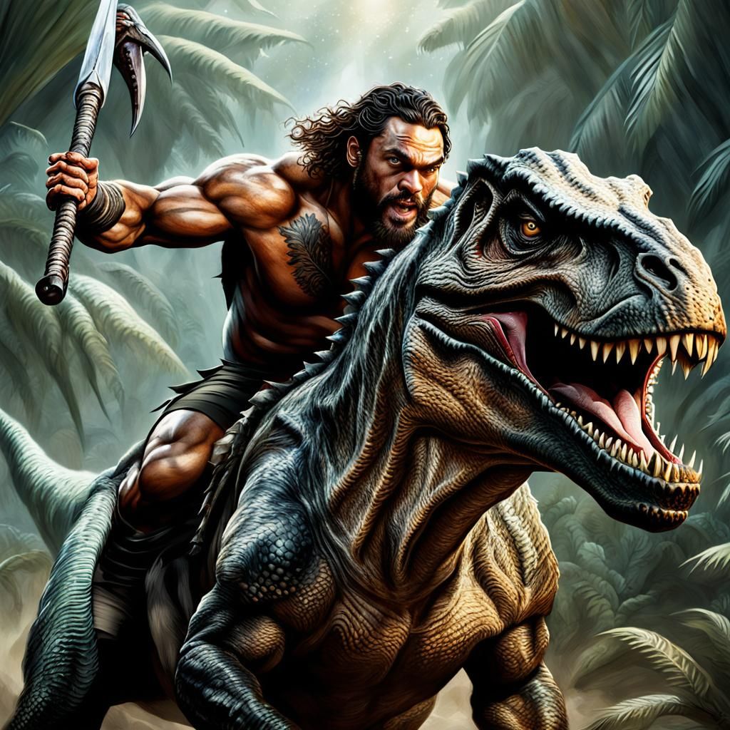 Prehistoric Jason Momoa Riding a T-Rex
