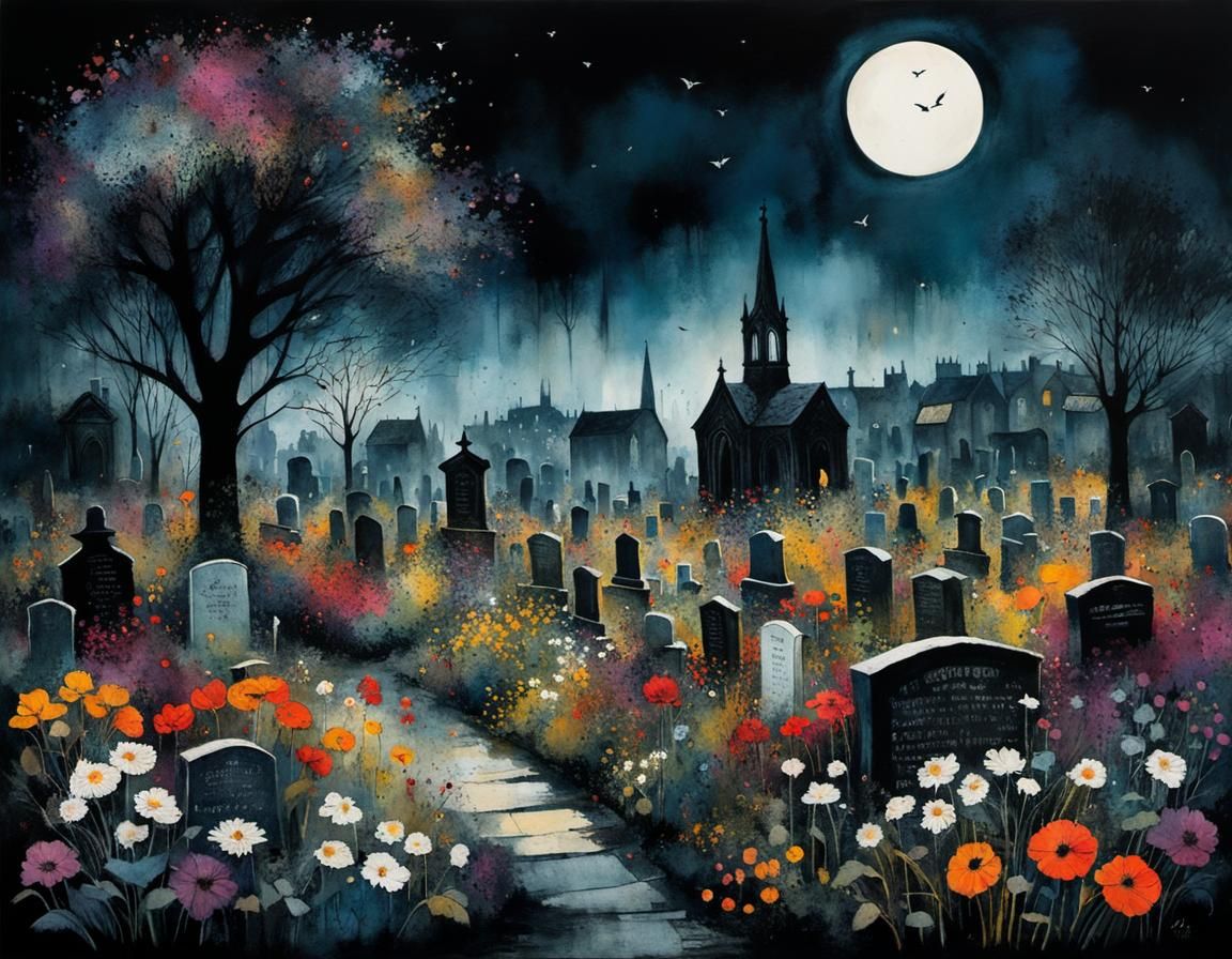 Whimsical Cemetery Cityscape at Night