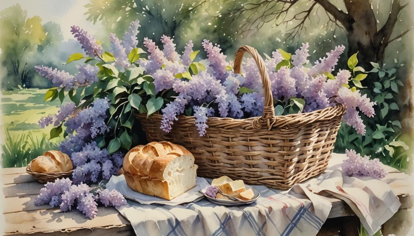 A captivating watercolor painting on paper of an old picnic ...