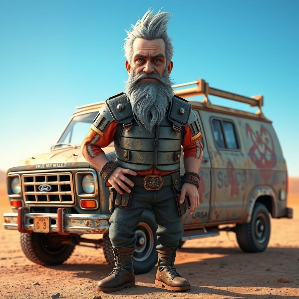 Battle Worn Van Man in Cyberpunk Armor Stands Beside Weather...