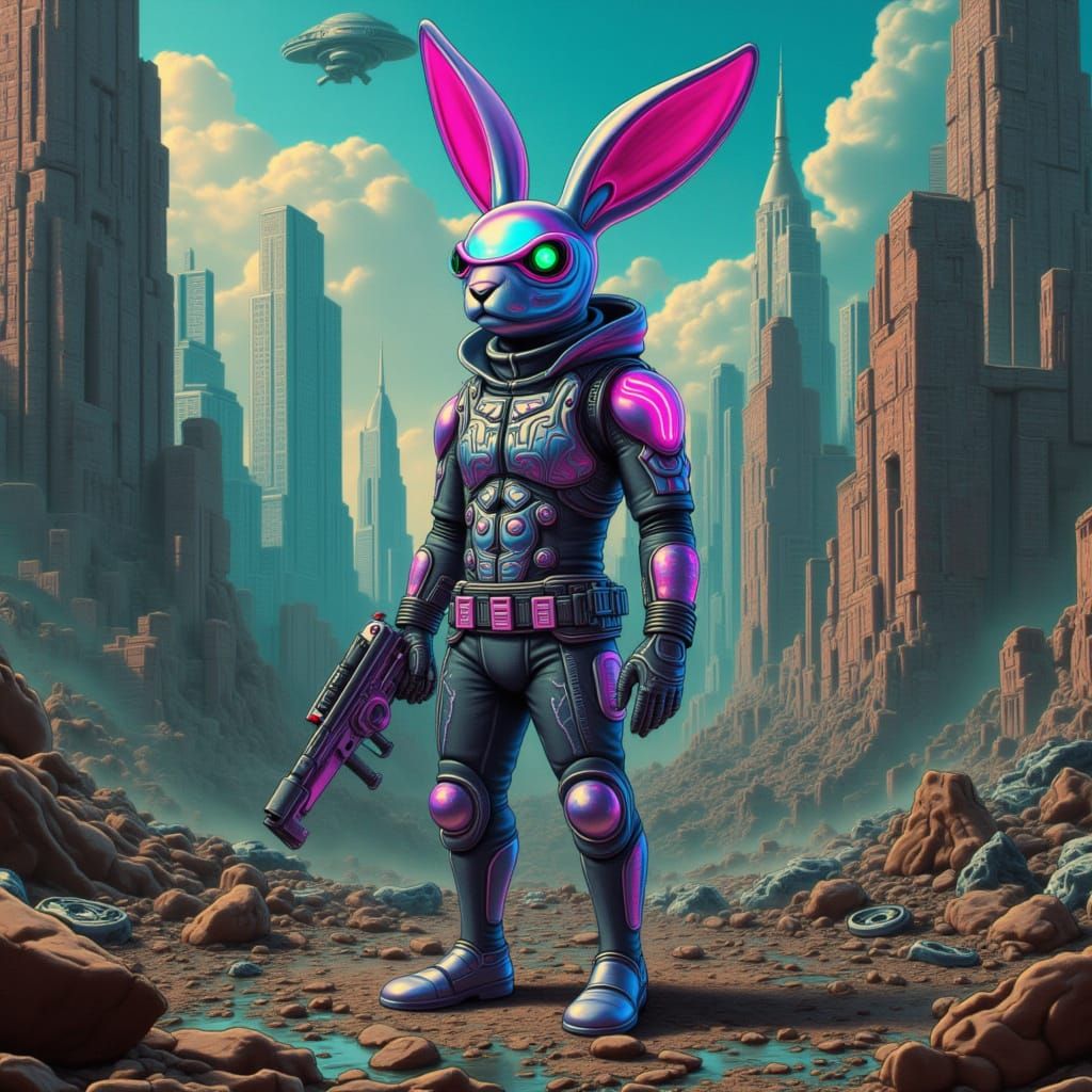 Cyberpunk Rabbit in Futuristic Landscape