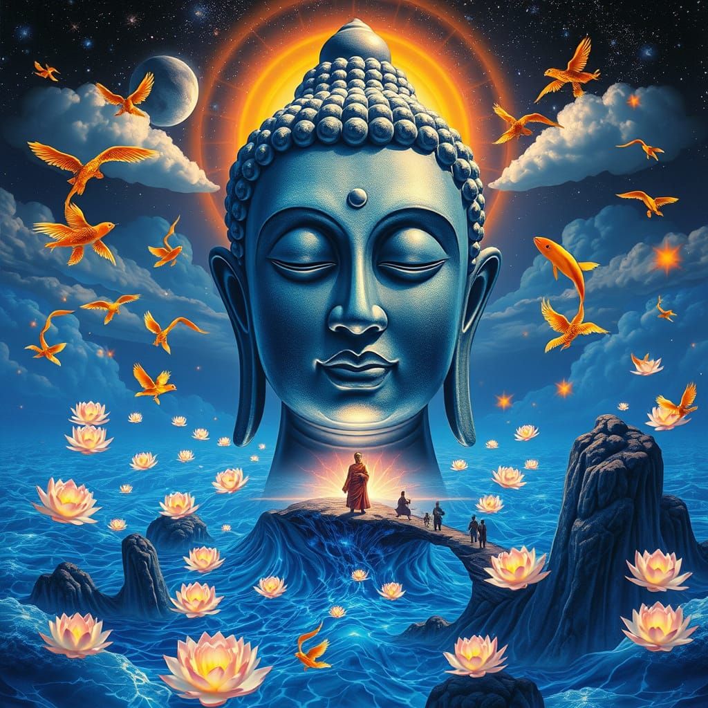Colossal Buddha Head Above Liquid Light Ocean