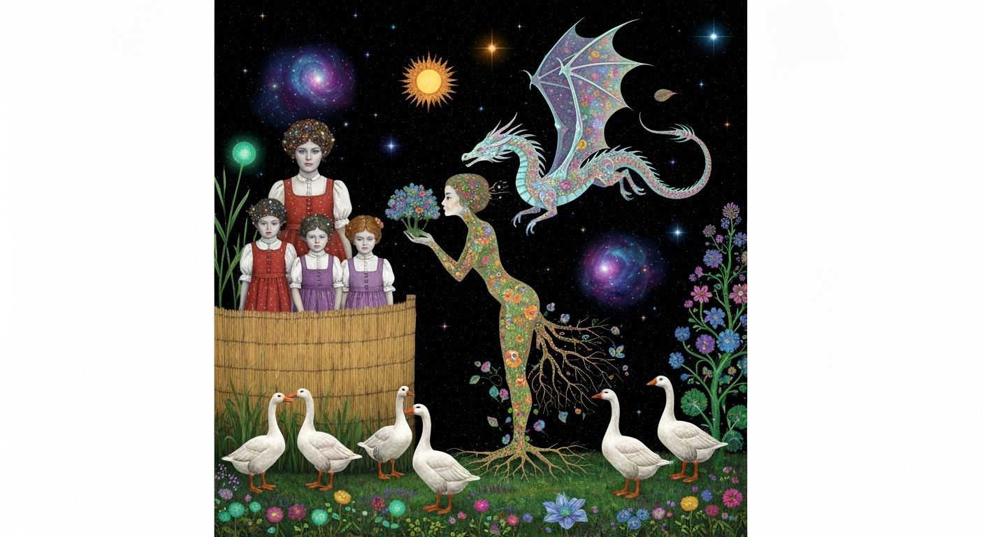 Folkloric Robot and Twins in Surreal Eco-Art Garden