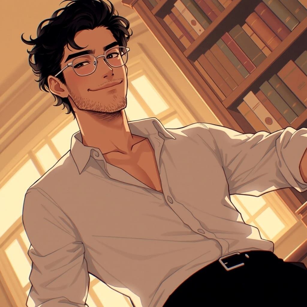 Handsome Anime Character Leans on Bookshelf in Warm Study