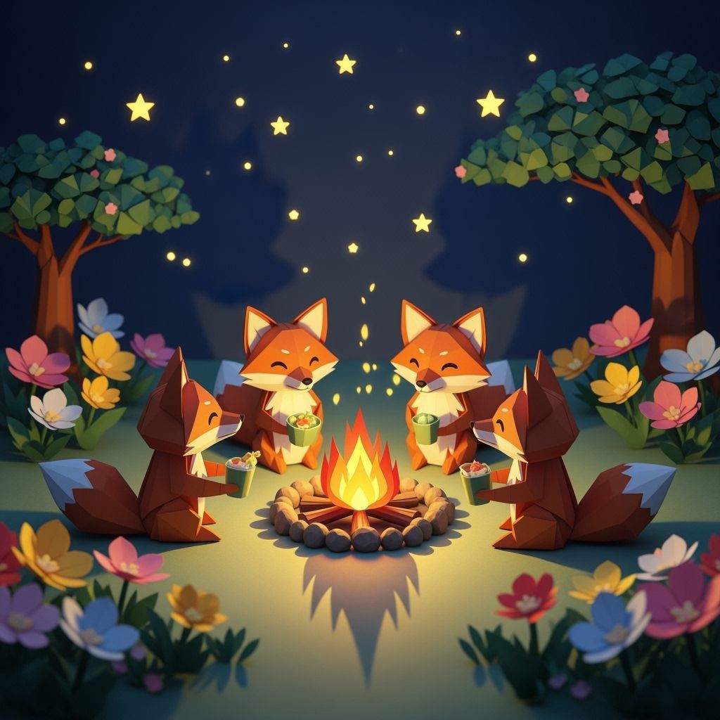 Origami Foxes Around Campfire Under Starlit Sky