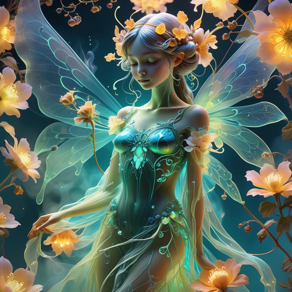 Neon Fairy Smelling Flower, Fantasy Art Nouveau