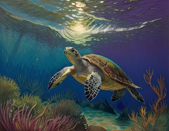 Teal Sea Turtle: Art Nouveau Style