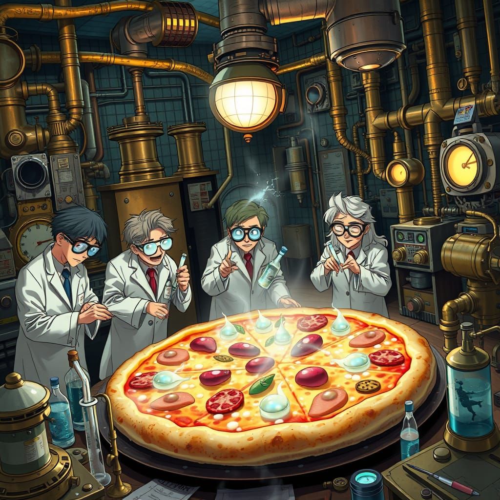 Steampunk Scientists Experiment on Alien Pizza: Anime Style