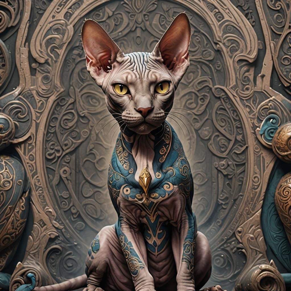Tattooed Sphynx Cat: Detailed Fantasy Art