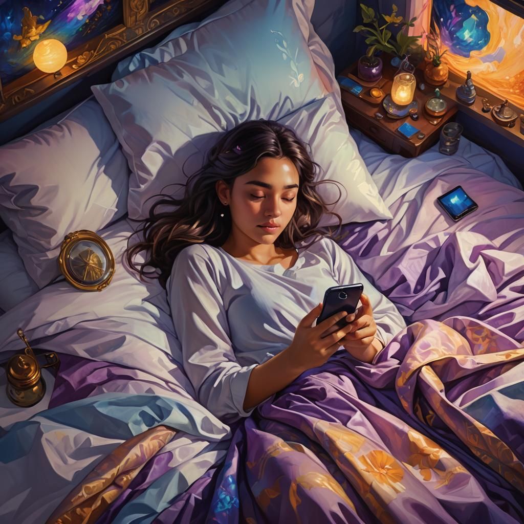 Teenage Girl Relaxing in Bed: Dreamlike Oil Painting