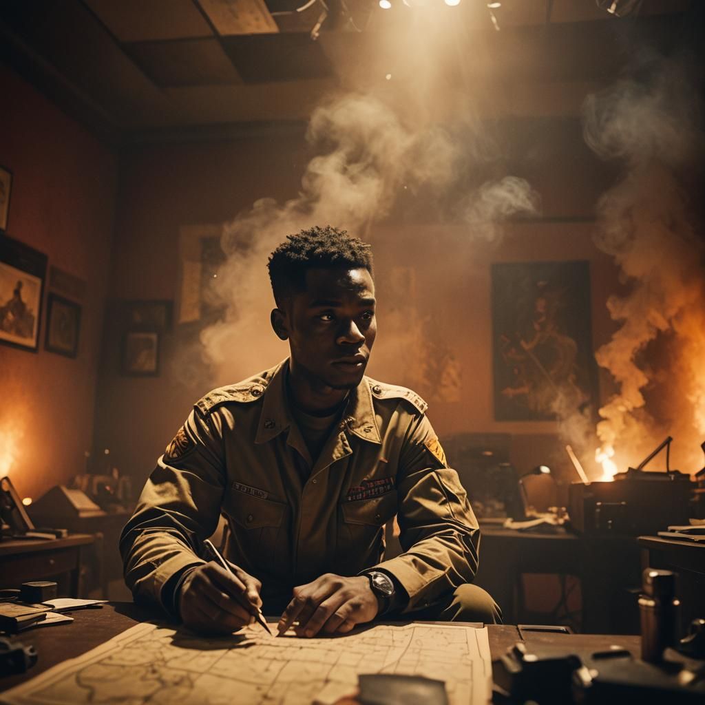 African Military Strategist in Cinematic War Room