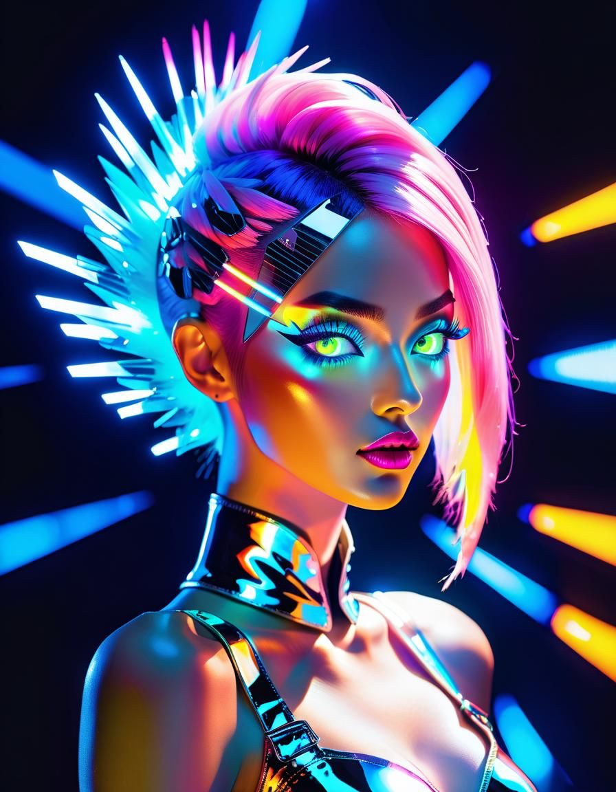 Glitchcore Ballerina with Neon Fiber Hair in Opposite Colors