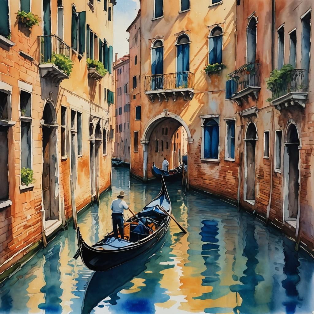 Venice Canal Gondola in Fauvist Watercolour Style