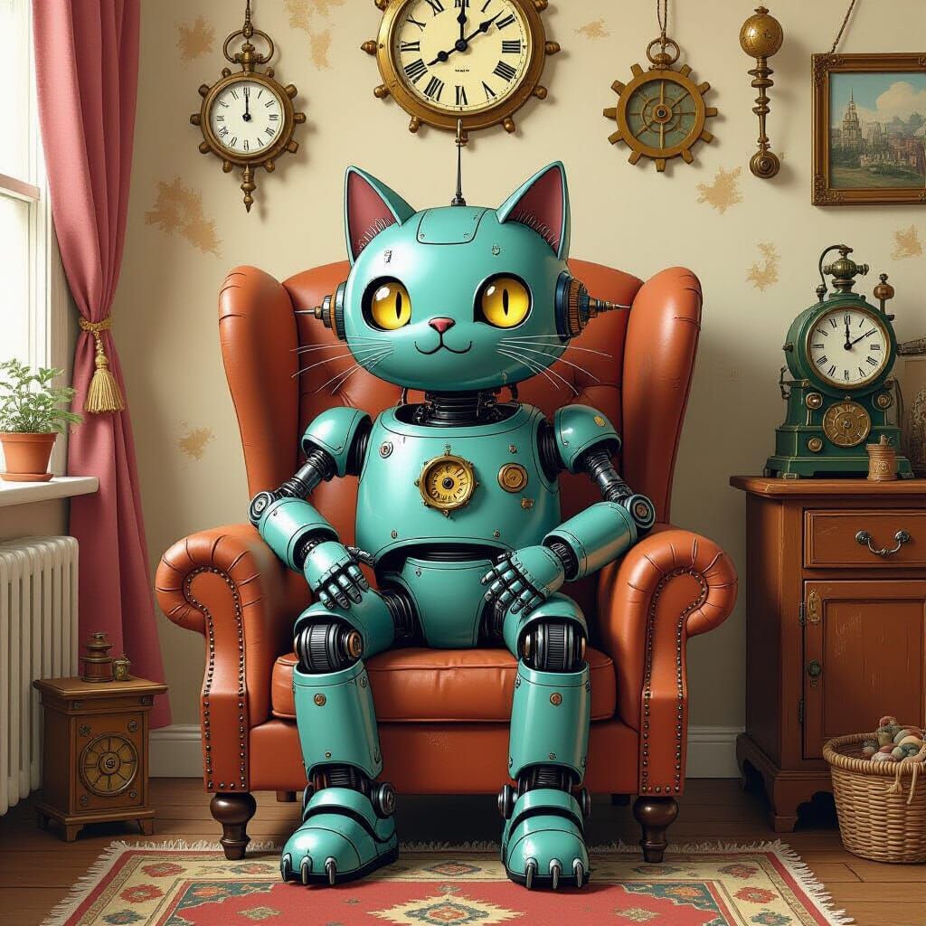 Robot Cat in Living Room, Shaun Tan Style