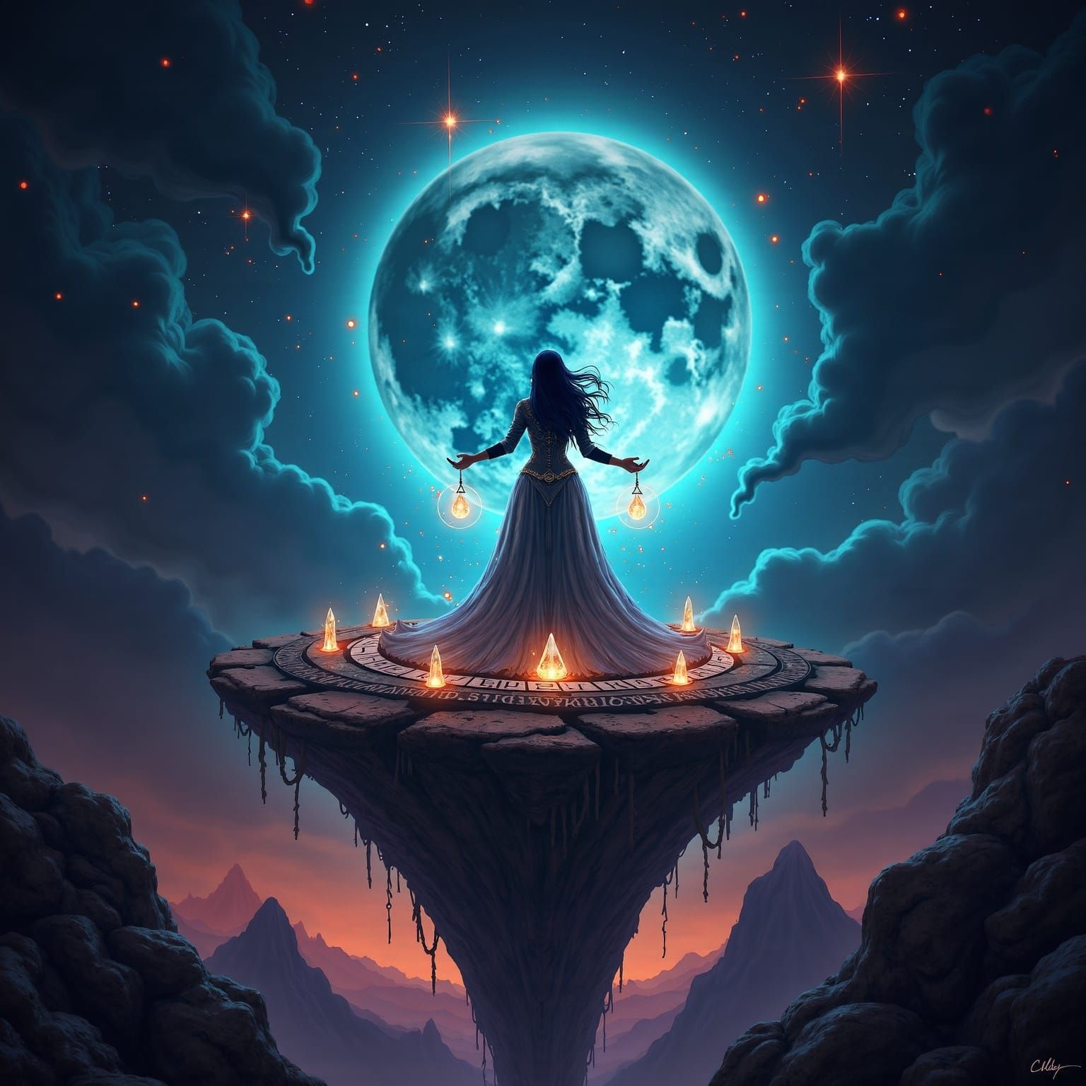 Celestial Sorceress Weaving Spells in Cosmic Horror Style