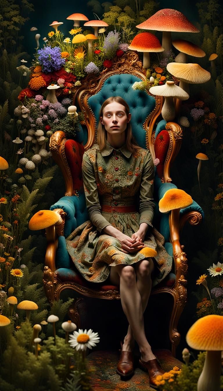 Celestial Fungi Hunter in Surreal Flower Chair