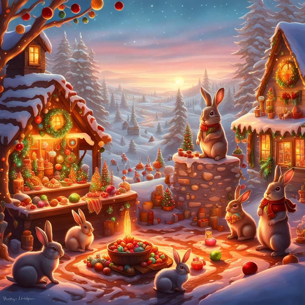 Festive Rabbits Celebrate Yule in Candy Art Style