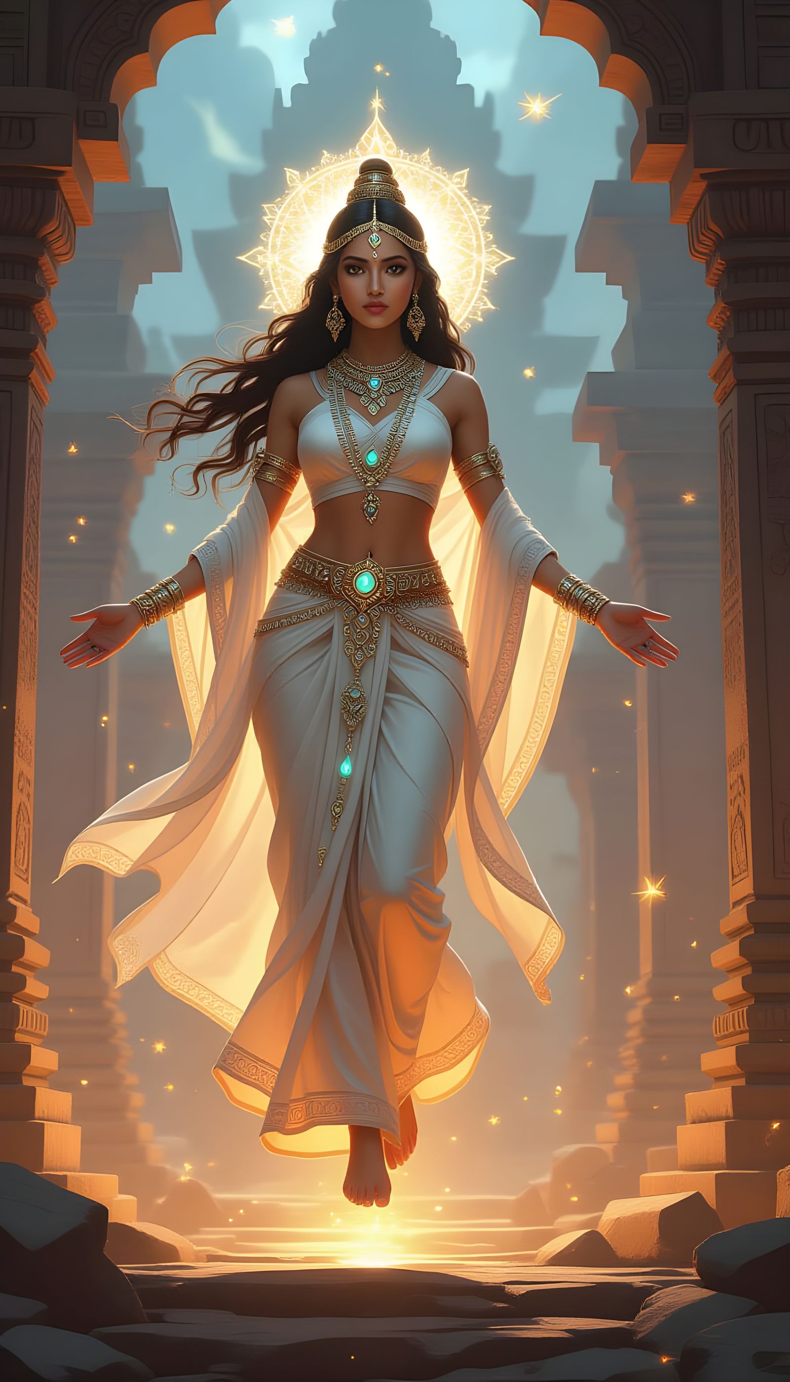 Indian Goddess Ascending Above Temple Ruins