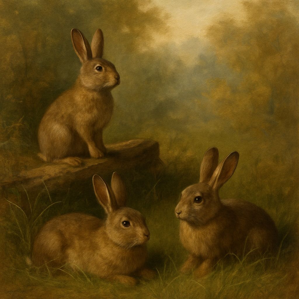 Three Wild Rabbits in Woodland Clearing, 19th Century Style