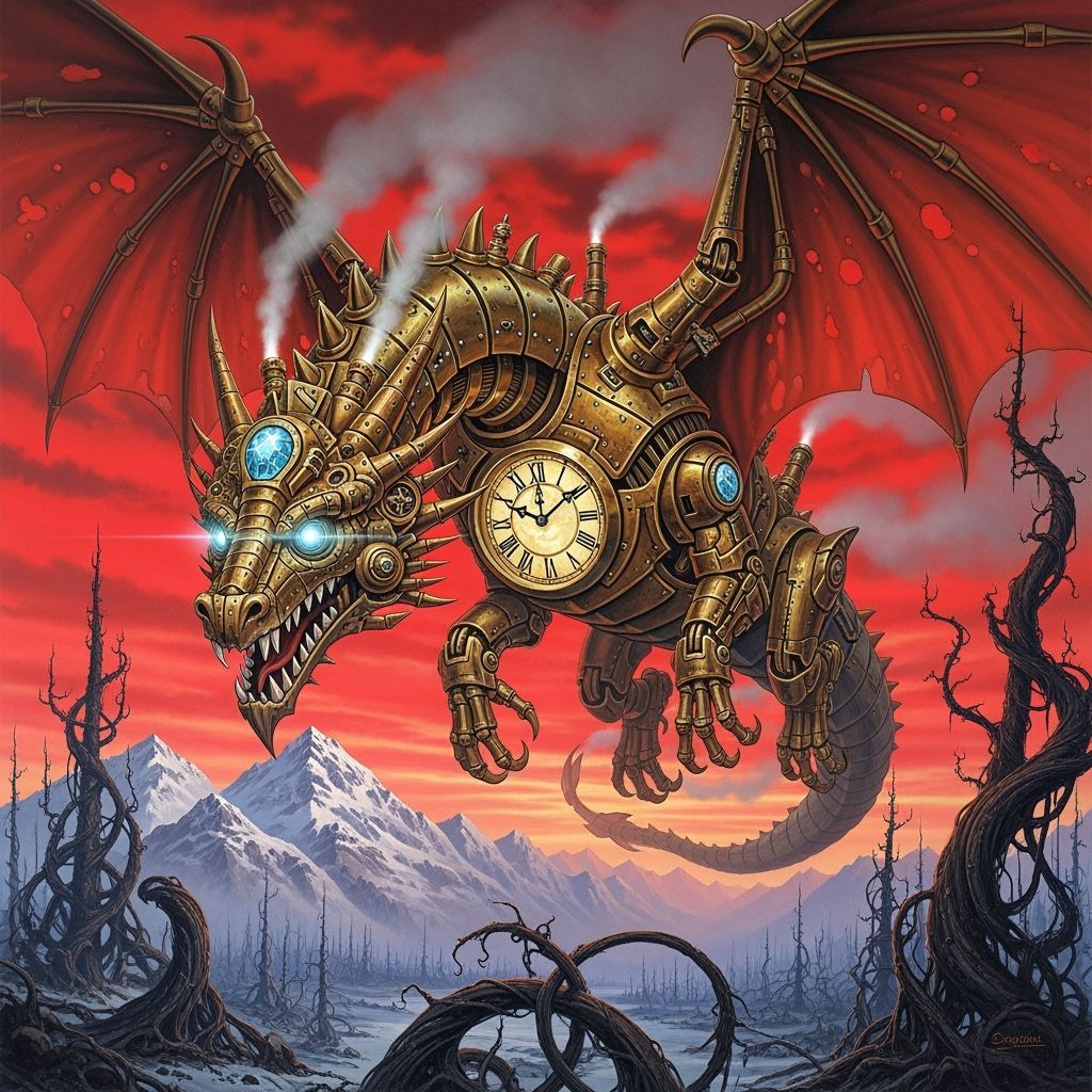 Steampunk Clockwork Dragon Soaring Through Crimson Sky
