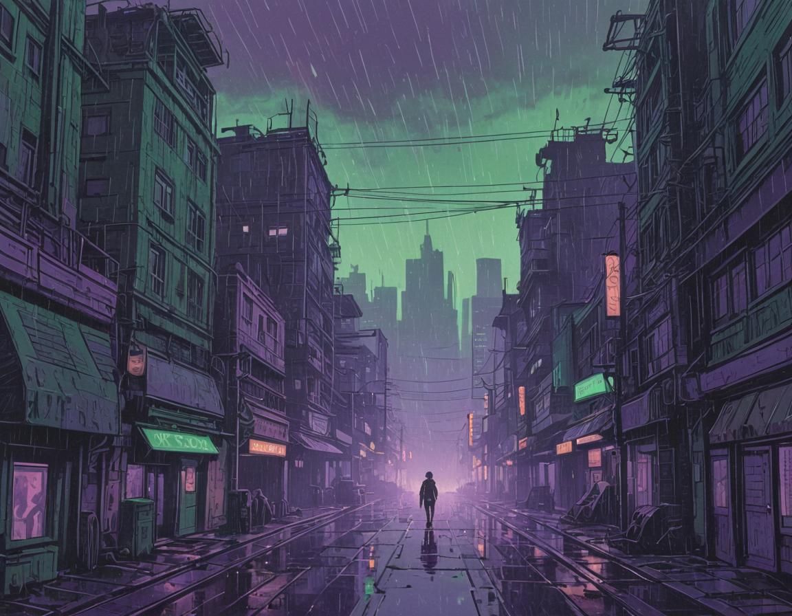 Cyberpunk Dystopian Cityscape with Green Sky in Anime Style