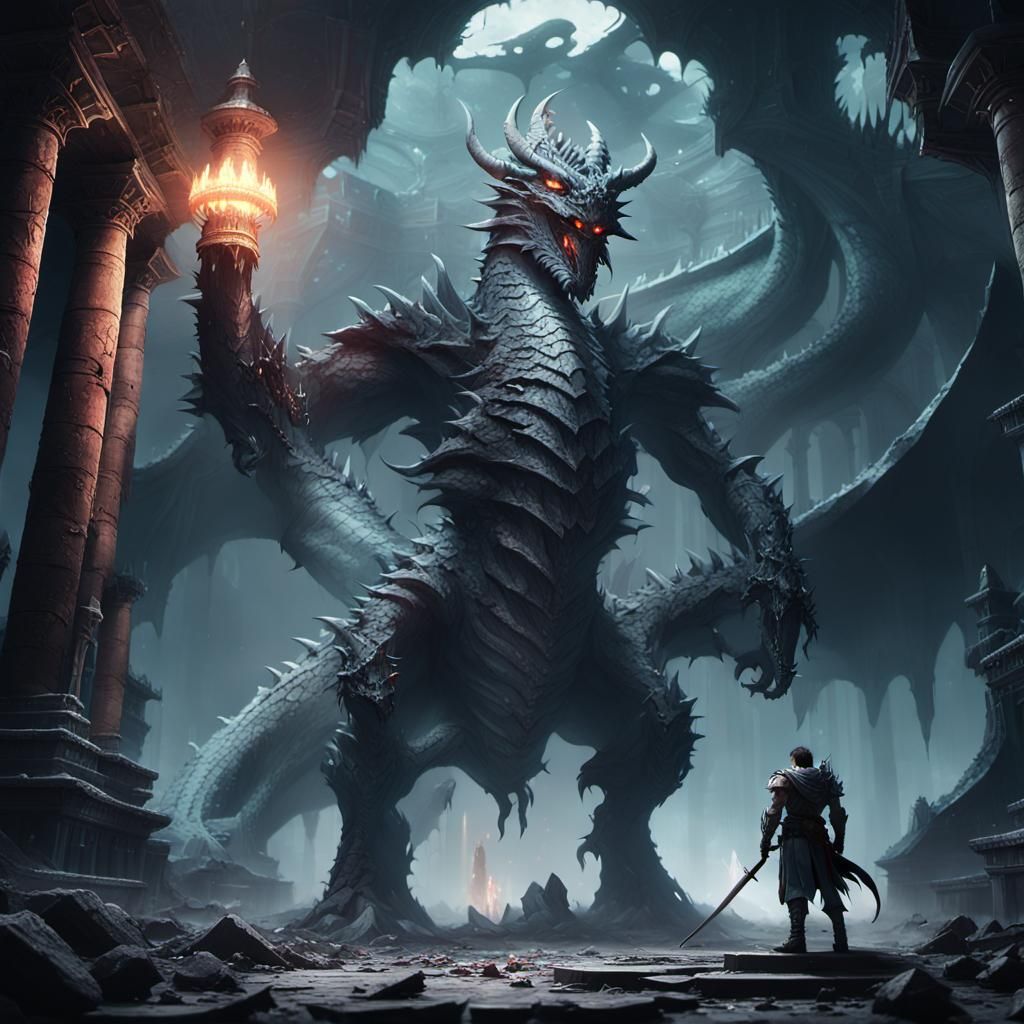 Warrior and Undead Dragon in Dark Anime Art