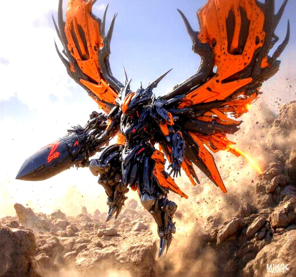 Cybernetic Samurai in Dynamic Leap, Orange Armor