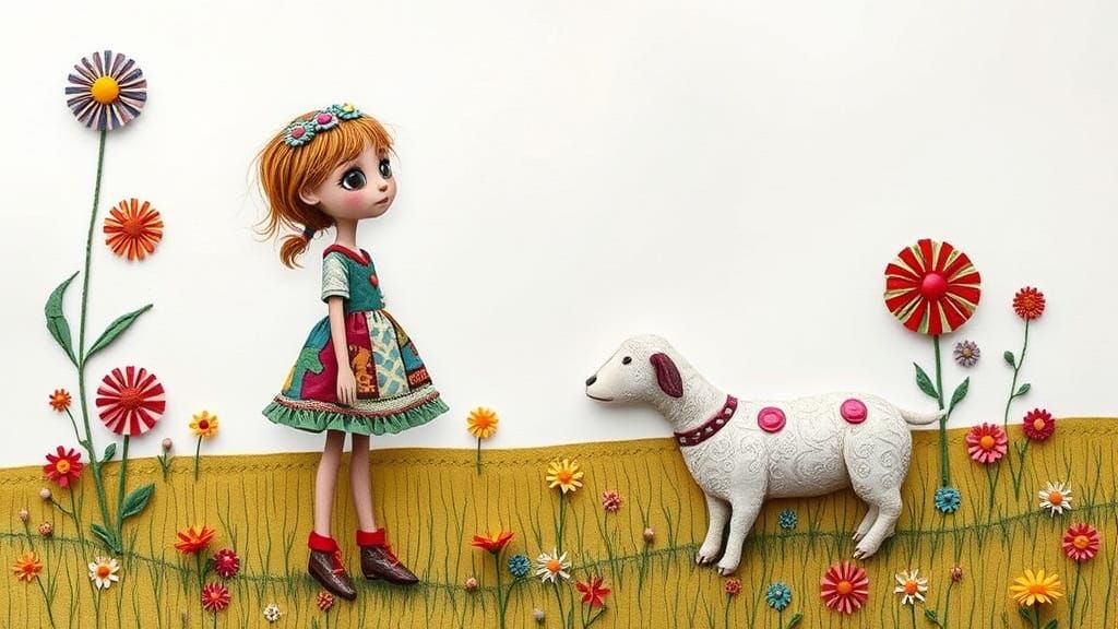 Whimsical Ragdoll Girl Watches Cartoon Sheep in a Field