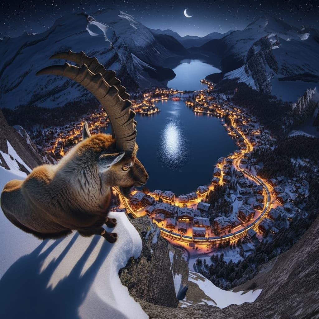 Ibex on Swiss Alps Peak Gazing at Blue Lake at Sunset