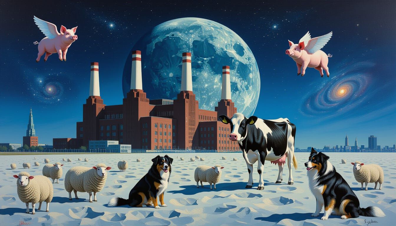 Battersea Power Station on Moon with Pigs, Cows, and Dogs