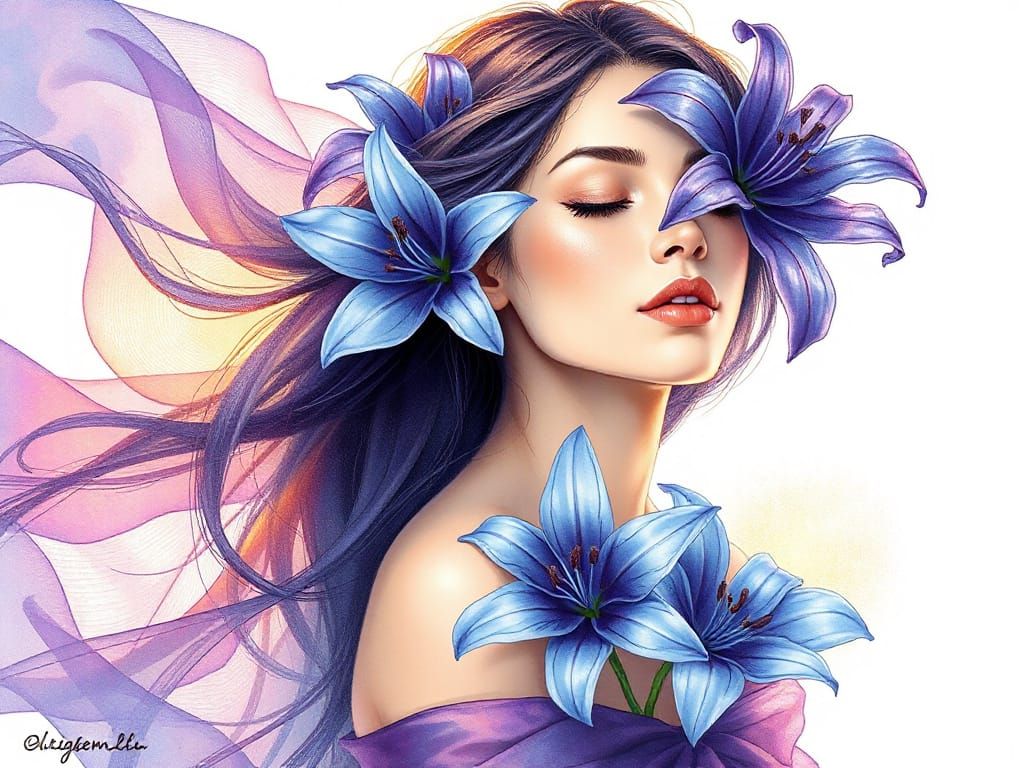 Ethereal Woman in Digital Watercolor with Lilies