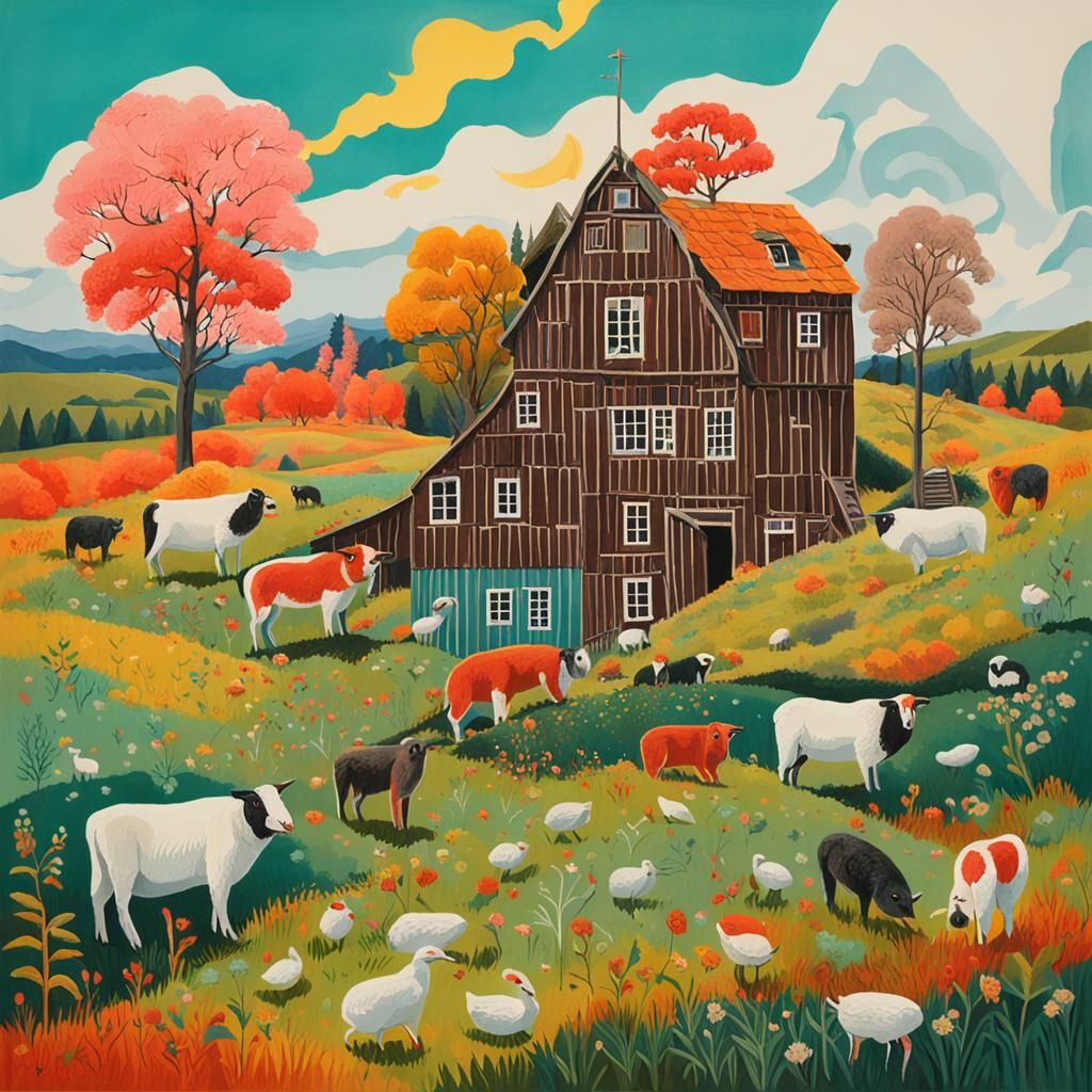 Surreal Pastoral Gouache with Complementary Colors