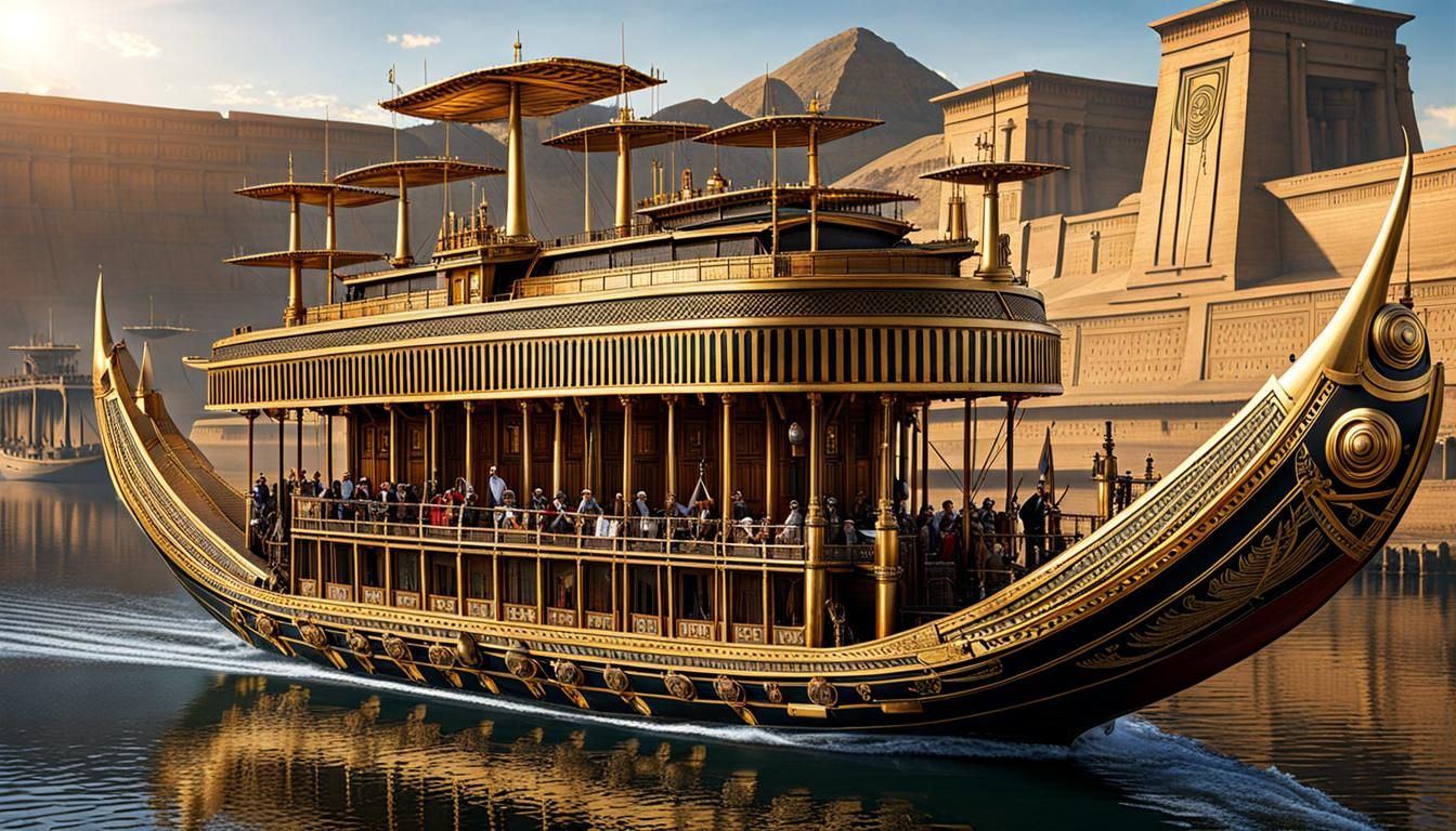 Steampunk Egyptian Ships on Nile River, Solar Power