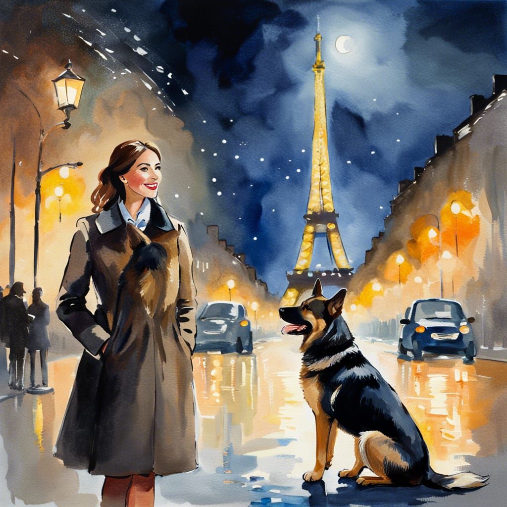 Woman and Dog in Paris, Impressionistic Watercolor