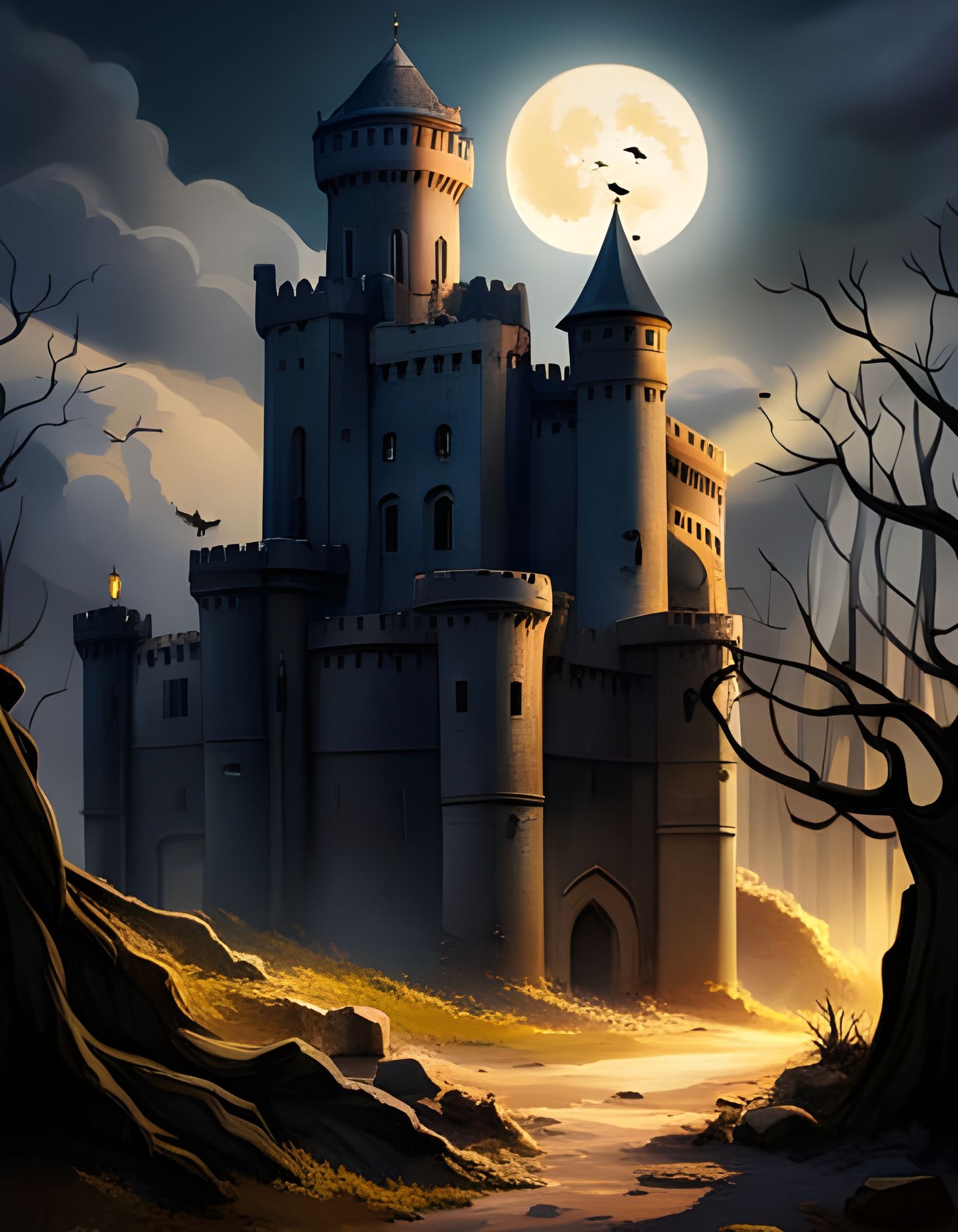 Mysterious Abandoned Castle in Dark Woods