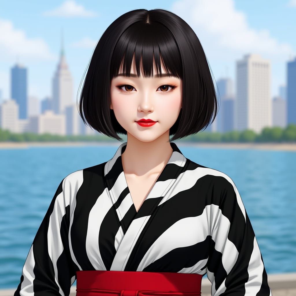 Serene Woman in Kimono: A Digital Art Portrait