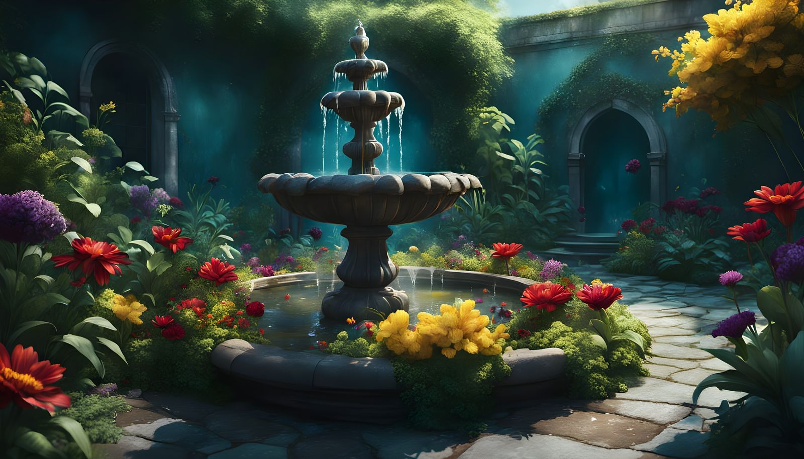 Secret Garden Oasis in Hyperrealistic Splash Art Style