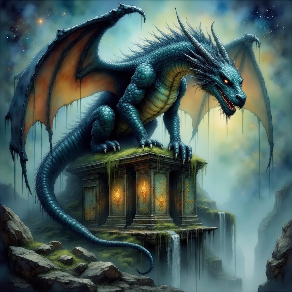 Ancient Obsidian Dragon on Ruined Temple in Dark Fantasy Sty...
