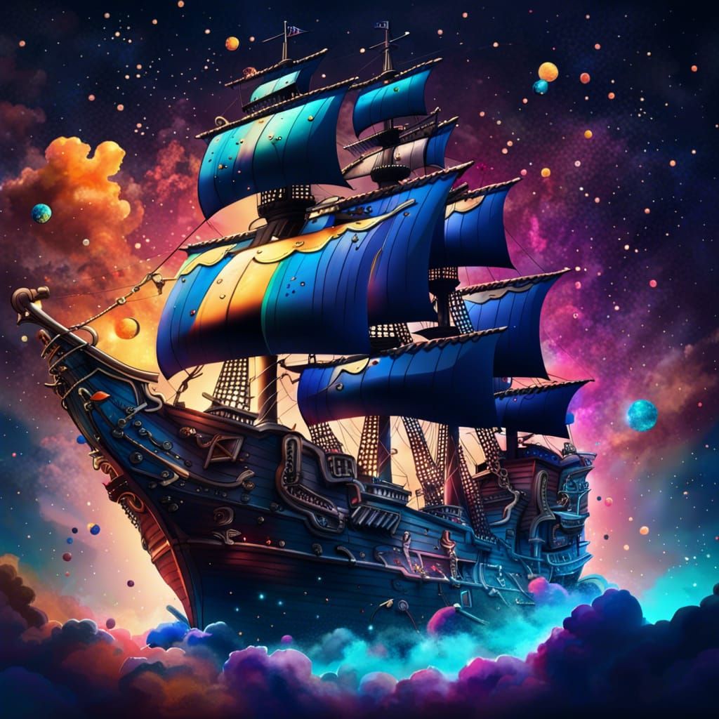 Hyperrealistic Pirate Ship Soaring Through Starry Sky