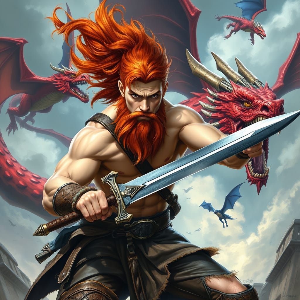 Viking Warrior Slaying Dragon in Fantasy Art Style