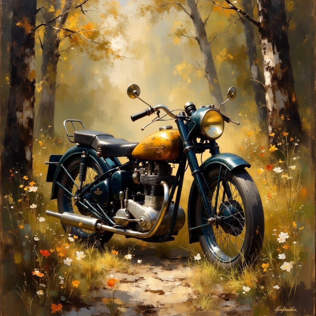 Vintage Motorcycle at Dusk in Lautrec Style