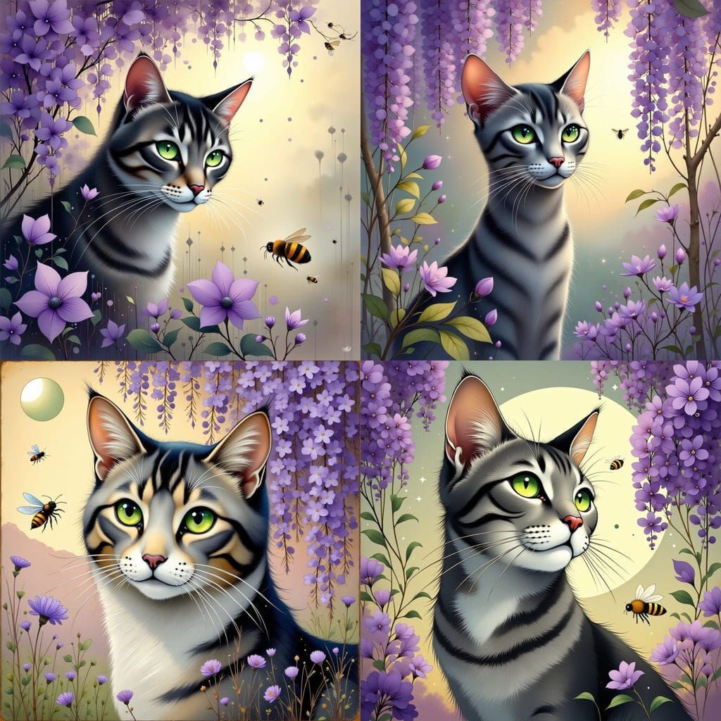 Tabby Cat in Sunlight with Wisteria, Realistic Rendering
