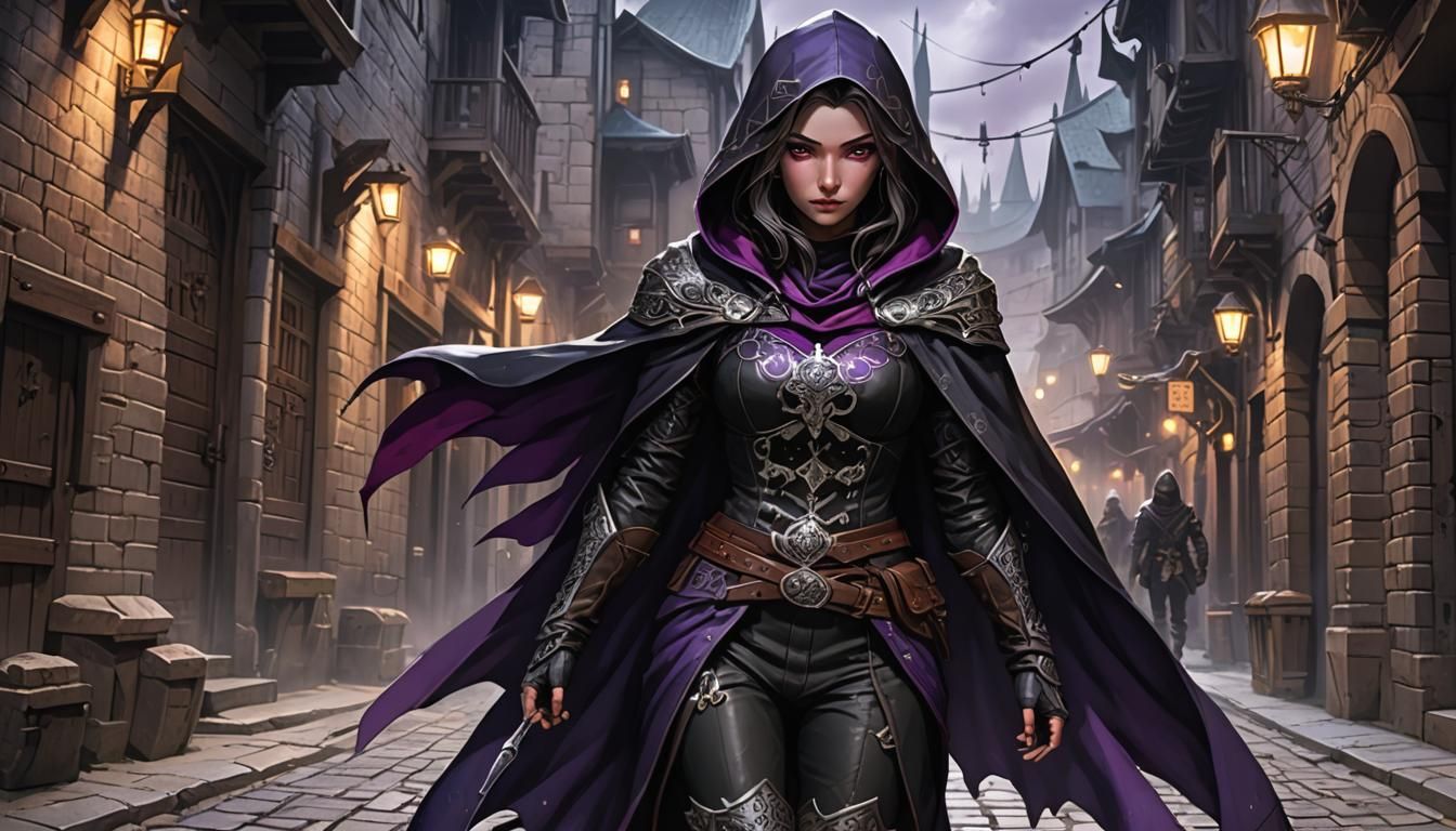 Anime Rogue in Dark Alley with Crystal Dagger