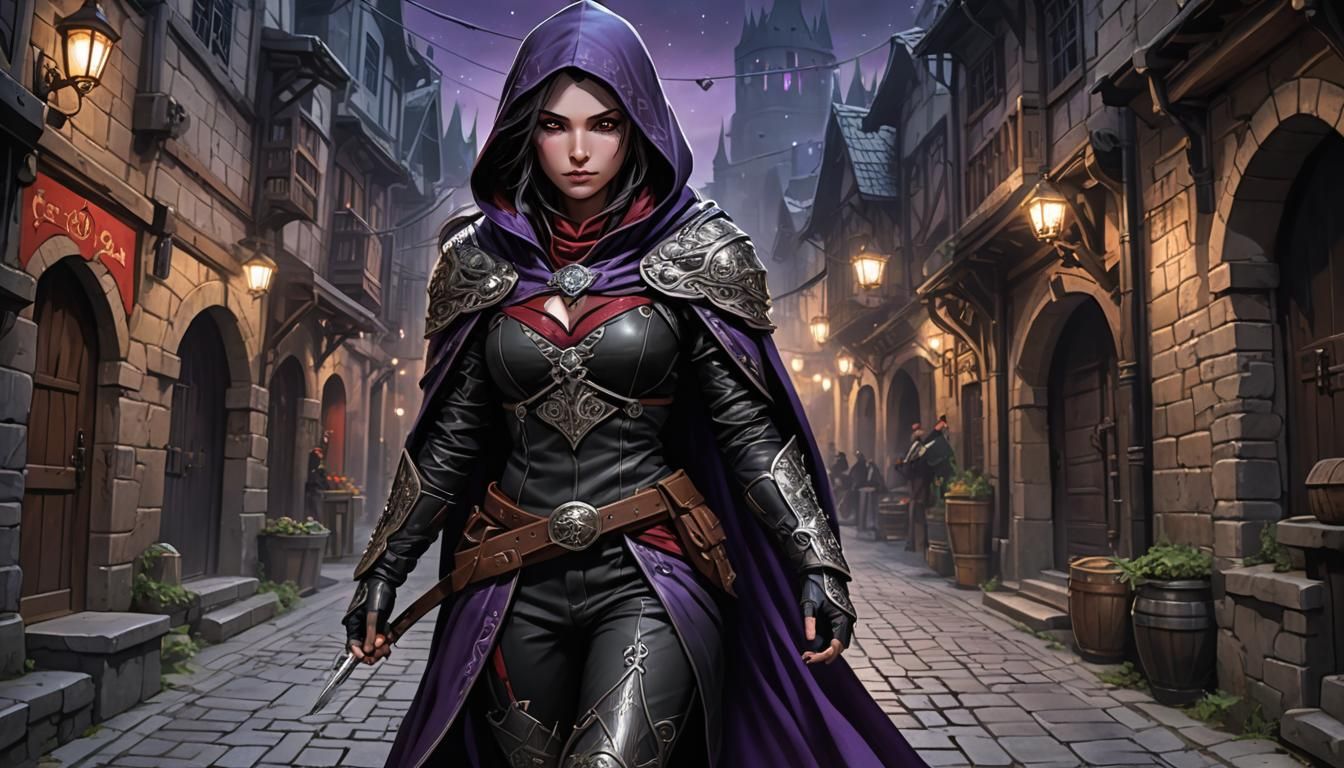 Anime Rogue in Dark Alley with Crystal Dagger