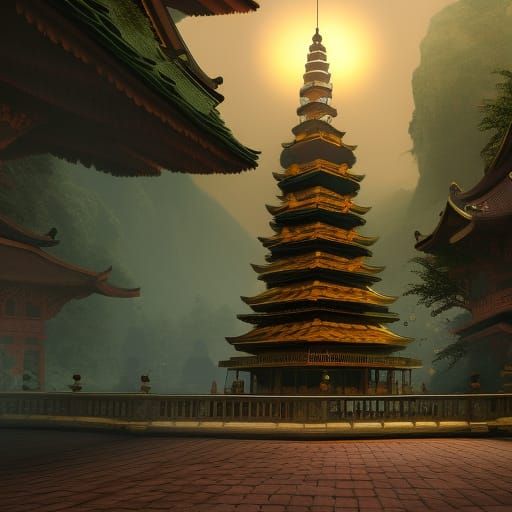 Fantastical Pagoda in Detailed Matte Painting Style