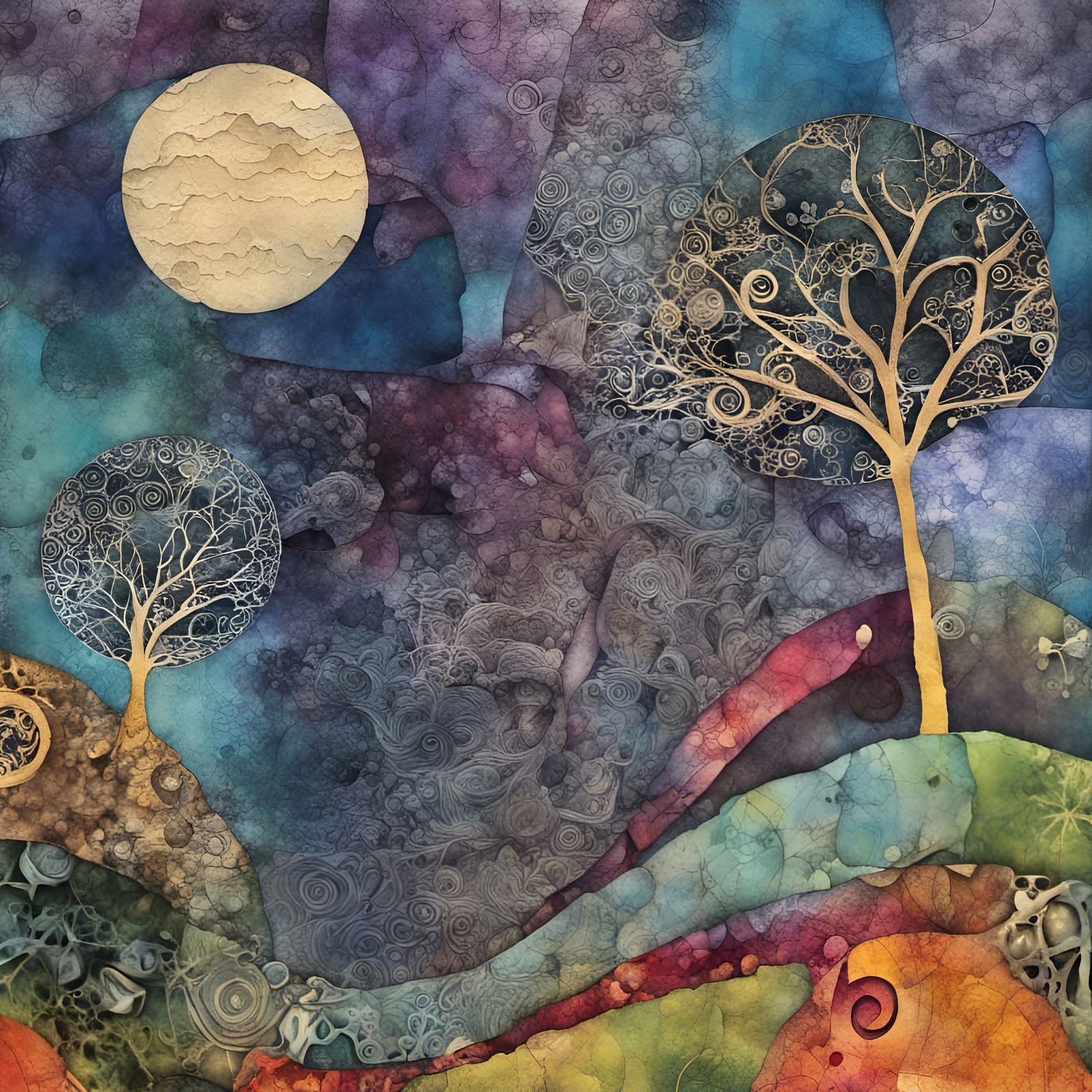 Enchanted Moonlit Forest: Abstract Mixed Media Illustration