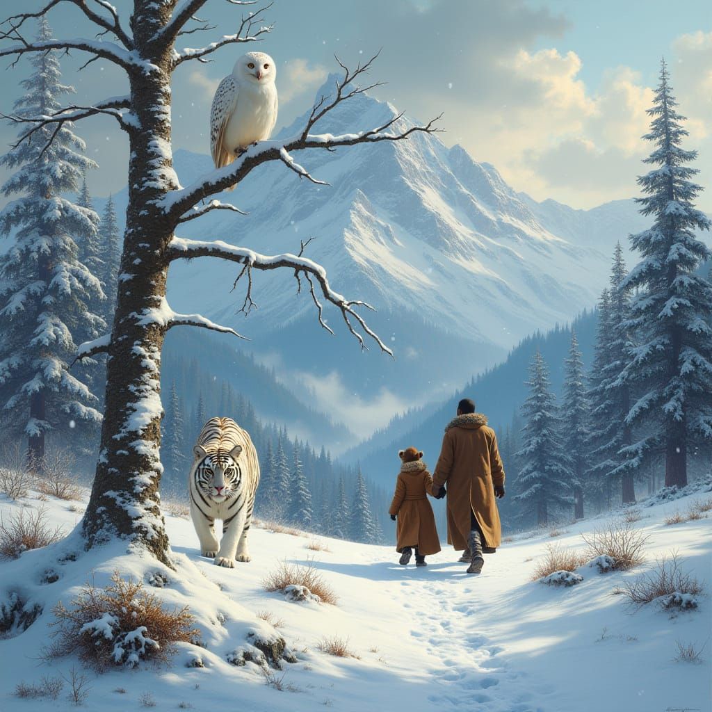 Winter Couple Walking With Tigers and Owl